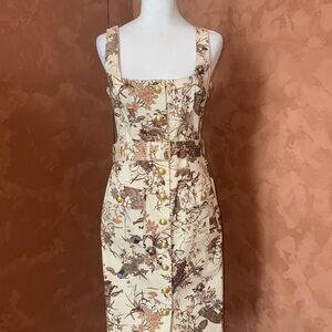 L'AGENCE Beige Floral Midi Dress with Belt